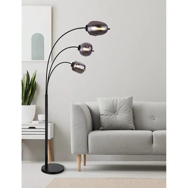 Stehleuchte Rauchglas Retro Bogenstehleuchte Wohnzimmer Stehlampe Schwarz Metall Glas, Fußschalter, 3x E14 Fassungen, Lxbxh 80x60x175 Cm