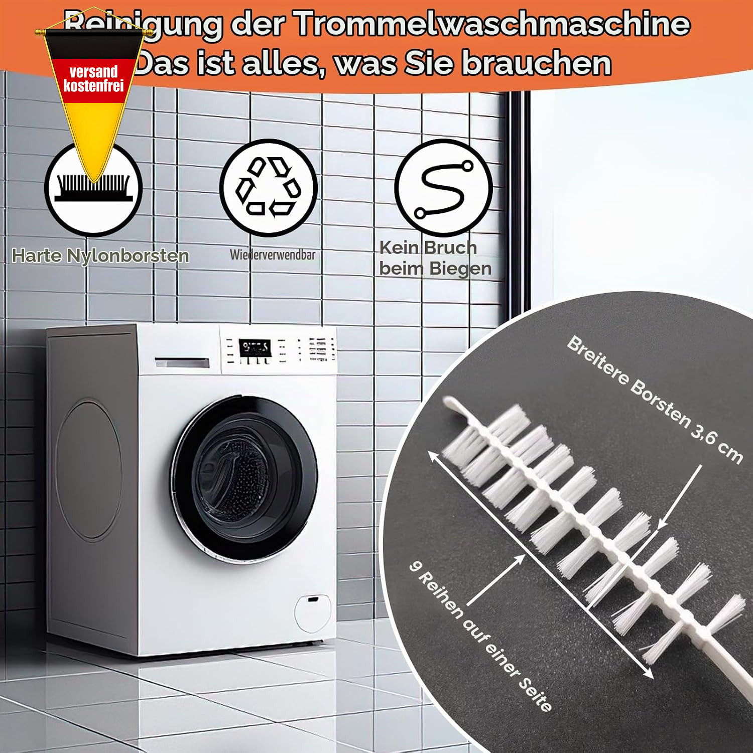 Reinigungsbürste Set für Waschmaschine und Abfluss lang, vielseitig, langlebig Bild 2