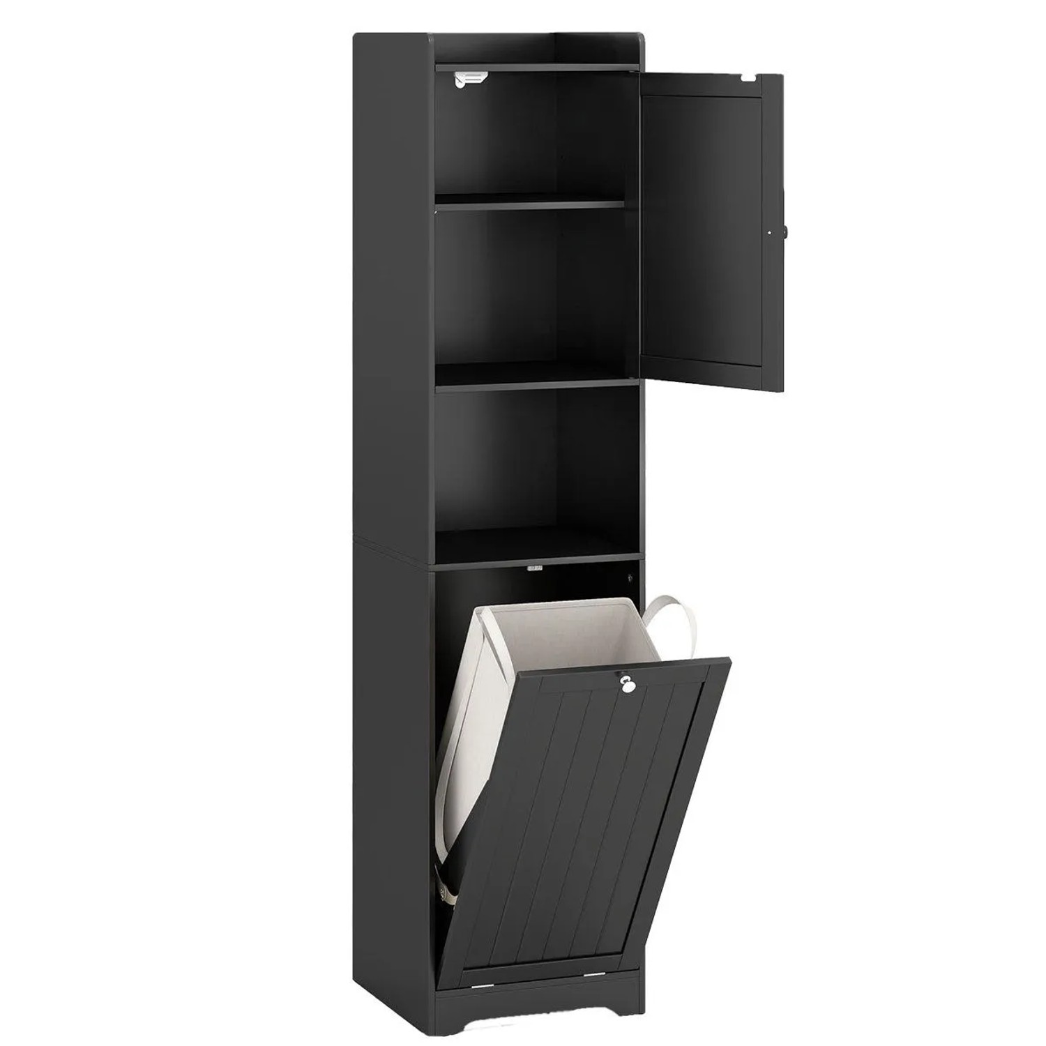 Costway Bad Hochschrank mit Wäschekorb & Verstellbarem Regal Schwarz