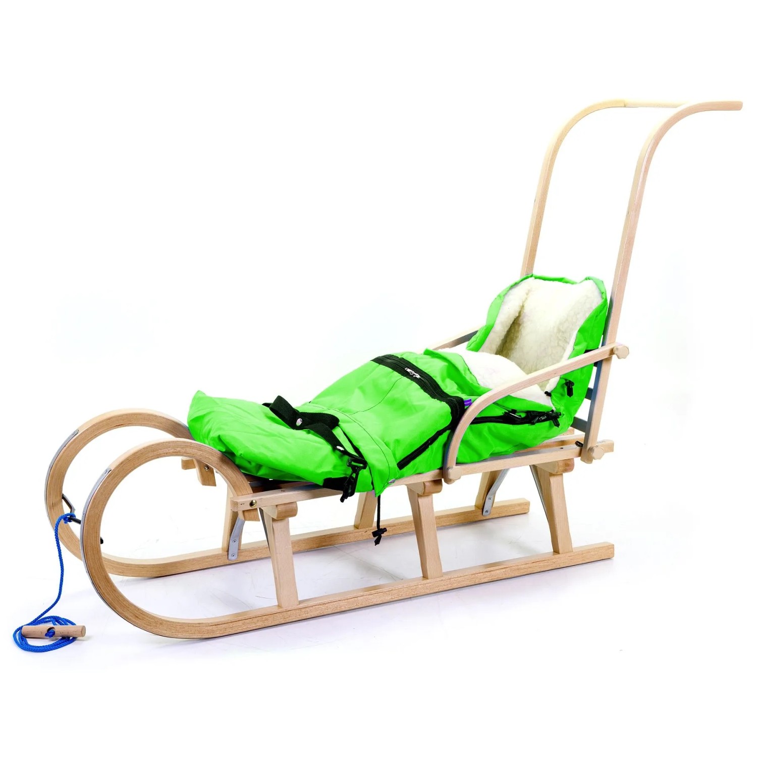 HolzFee Baran Babyschlitten 110 cm mit Fußsack Dyzio Grün Hörnerschlitten mit Schiebelehne