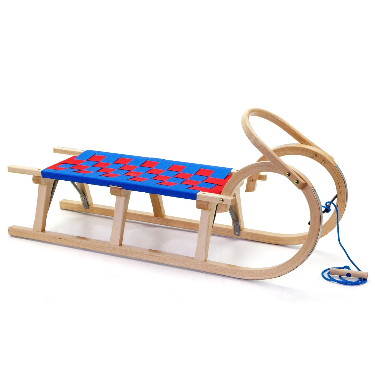 HolzFee Baran S 110 S Plus Kinderschlitten Hörnerschlitten mit Haltegriff und Gurtsitz Blau Rot