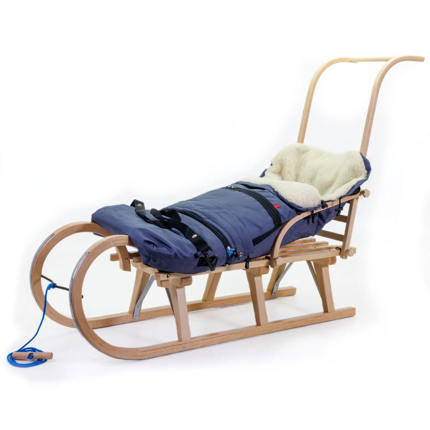 HolzFee Baran Babyschlitten 110 cm mit Fußsack Dyzio Granatblau Hörnerschlitten mit Schiebelehne