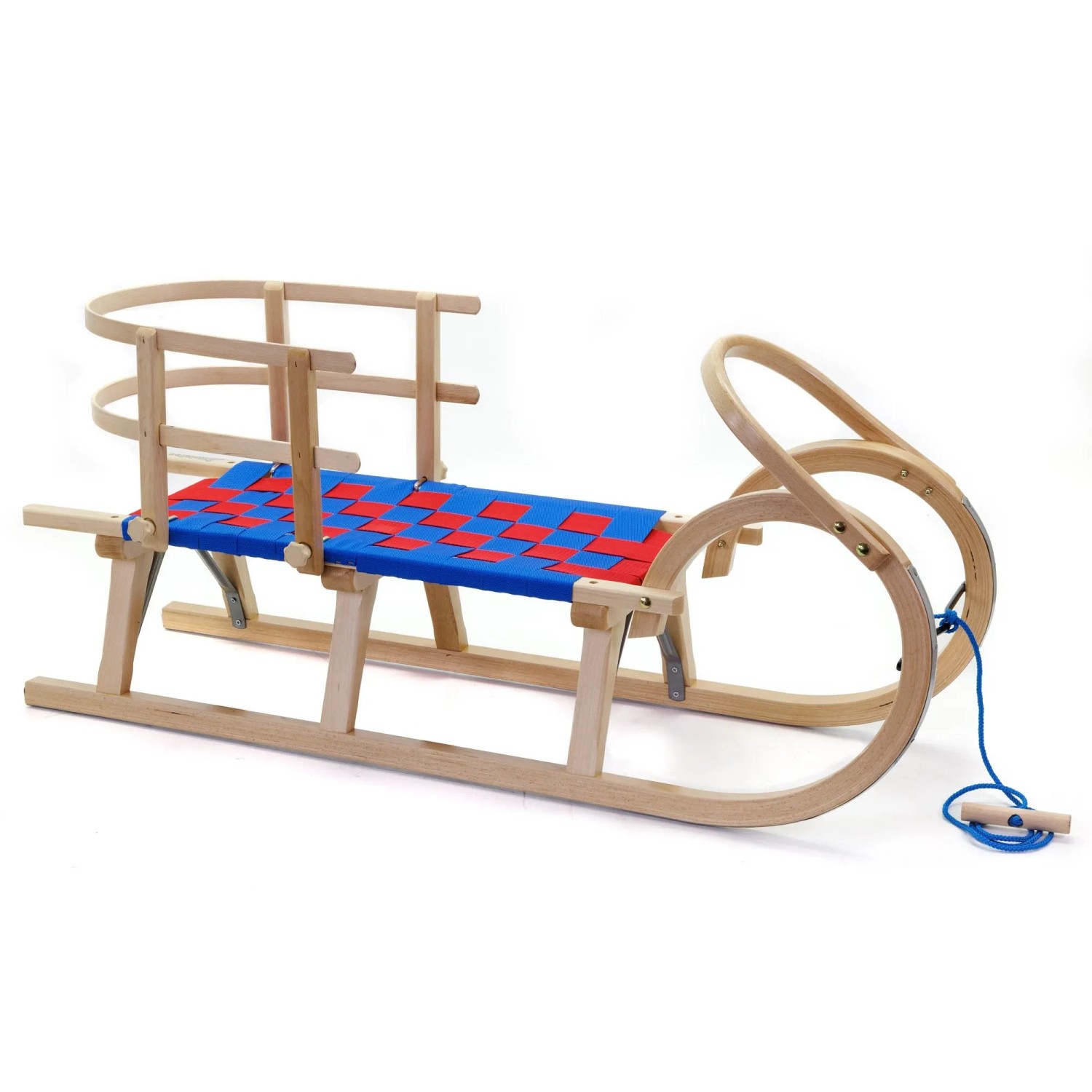HolzFee Baran S 110 S Plus Kinderschlitten Hörnerschlitten mit Gurtsitz Blau Rot und Lehne
