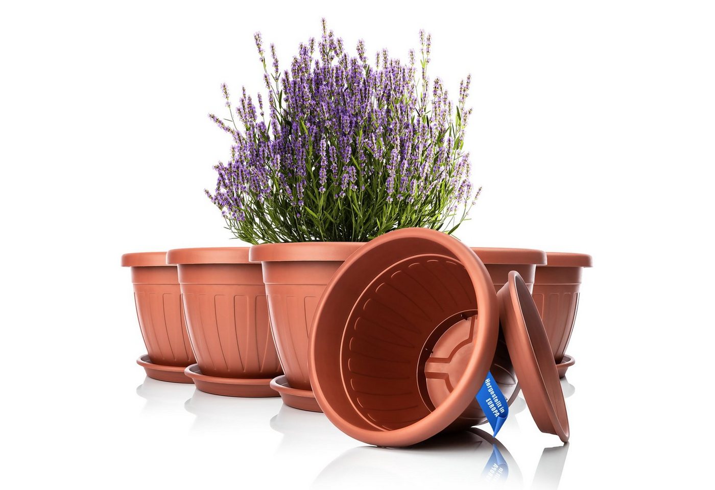 BigDean 6x Blumentopf Mit Untersetzer Rund ø40xH31 Cm Terracotta Wetterfester Pflanzkübel Wasserablauf UV Beständig Aus Bruchsicherem Kunststoff Innen Bild 3