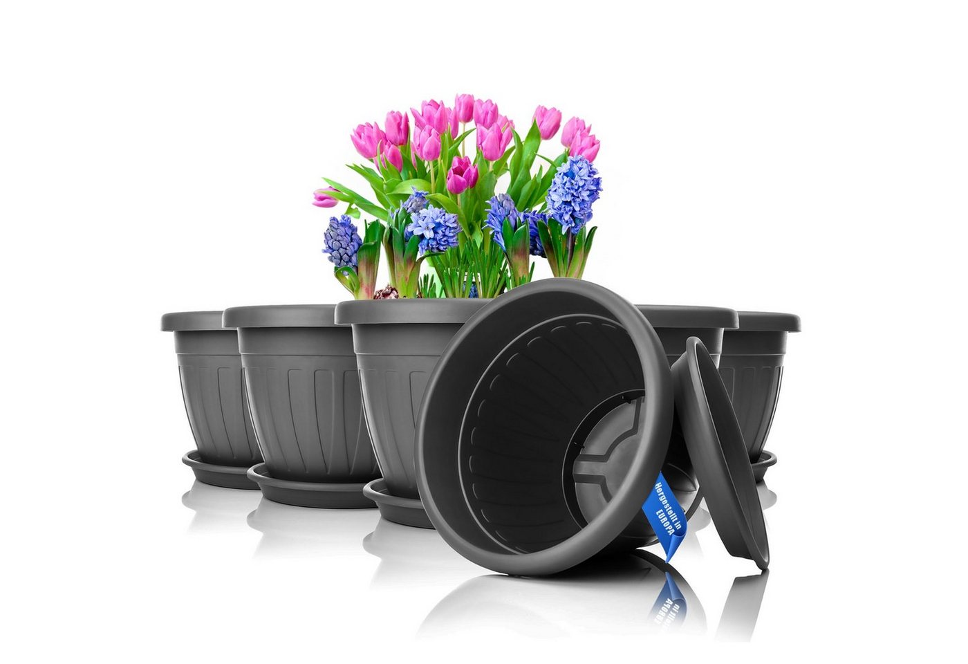 BigDean 6x Blumentopf Mit Untersetzer Rund ø33xH25 Cm Anthrazit Wetterfester Pflanzkübel Wasserablauf UV Beständig Aus Bruchsicherem Kunststoff Innen Bild 3