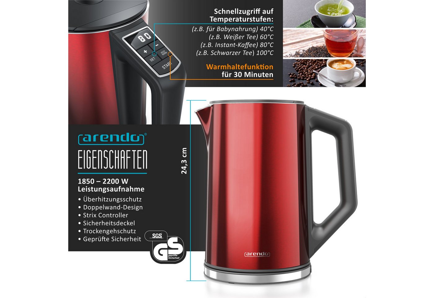 Arendo Frühstücks-Set mit Wasserkocher 1,5 l, Langschlitztoaster und Eierkocher für 7 Eier, Temperaturwahl, 3-teilig, rot