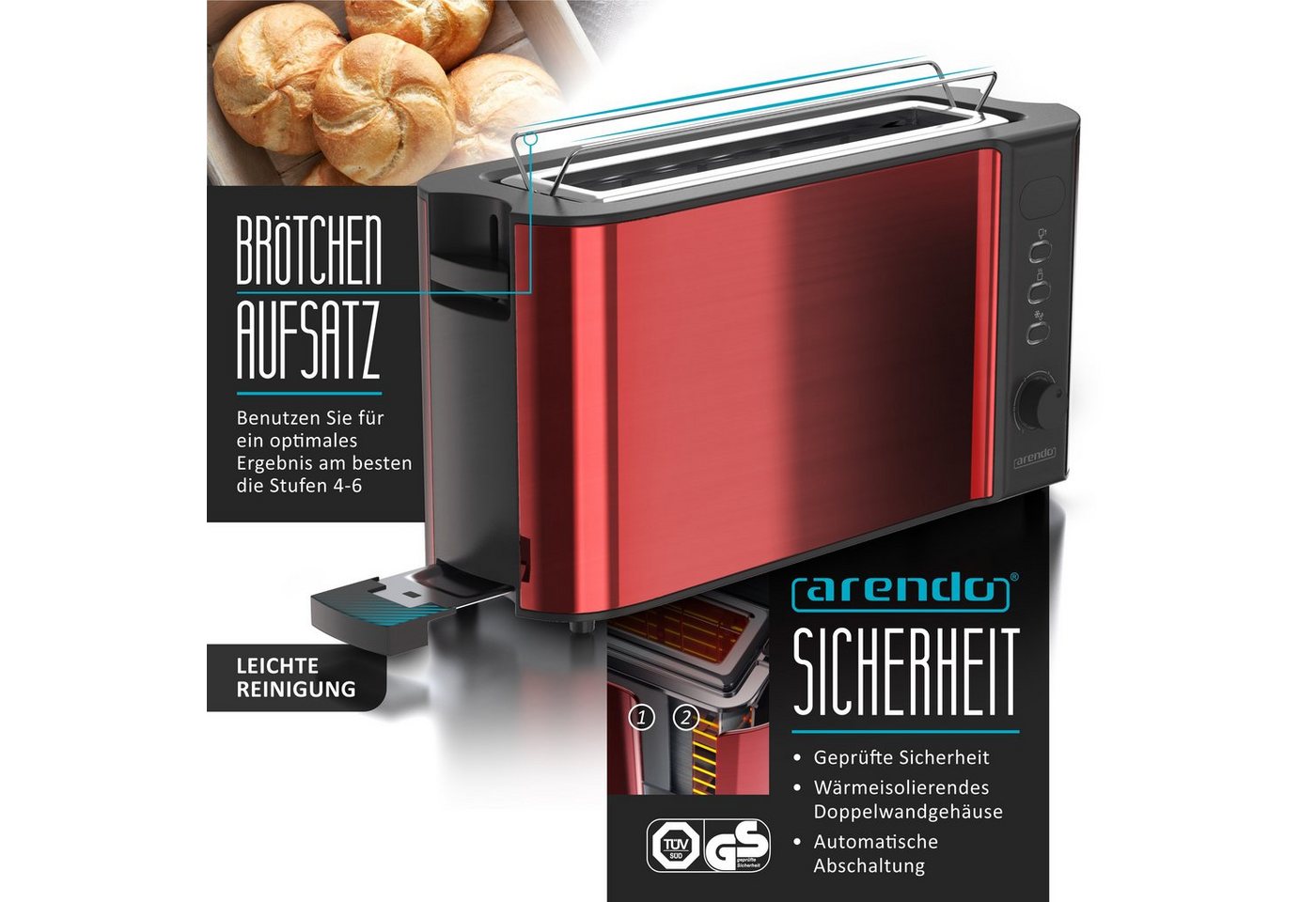 Arendo Frühstücks-Set mit Wasserkocher 1,5 l, Langschlitztoaster und Eierkocher für 7 Eier, Temperaturwahl, 3-teilig, rot Bild 2