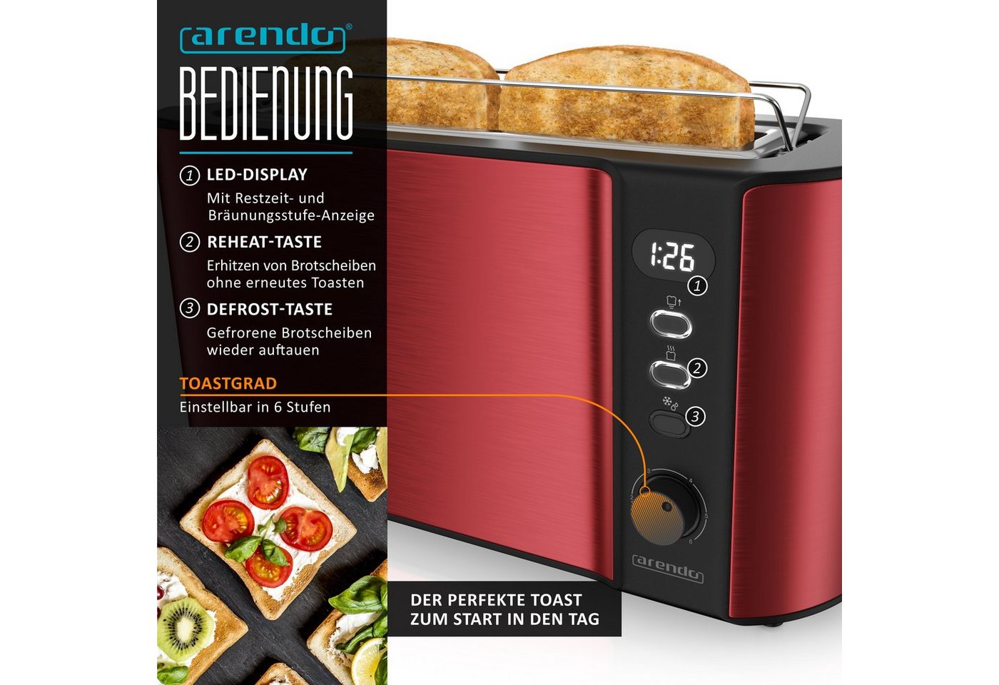 Arendo Frühstücks-Set mit Wasserkocher 1,5 l, Langschlitztoaster und Eierkocher für 7 Eier, Temperaturwahl, 3-teilig, rot Bild 4