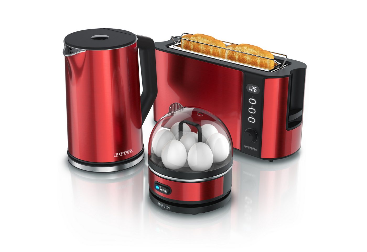 Arendo Frühstücks-Set mit Wasserkocher 1,5 l, Langschlitztoaster und Eierkocher für 7 Eier, Temperaturwahl, 3-teilig, rot Bild 5