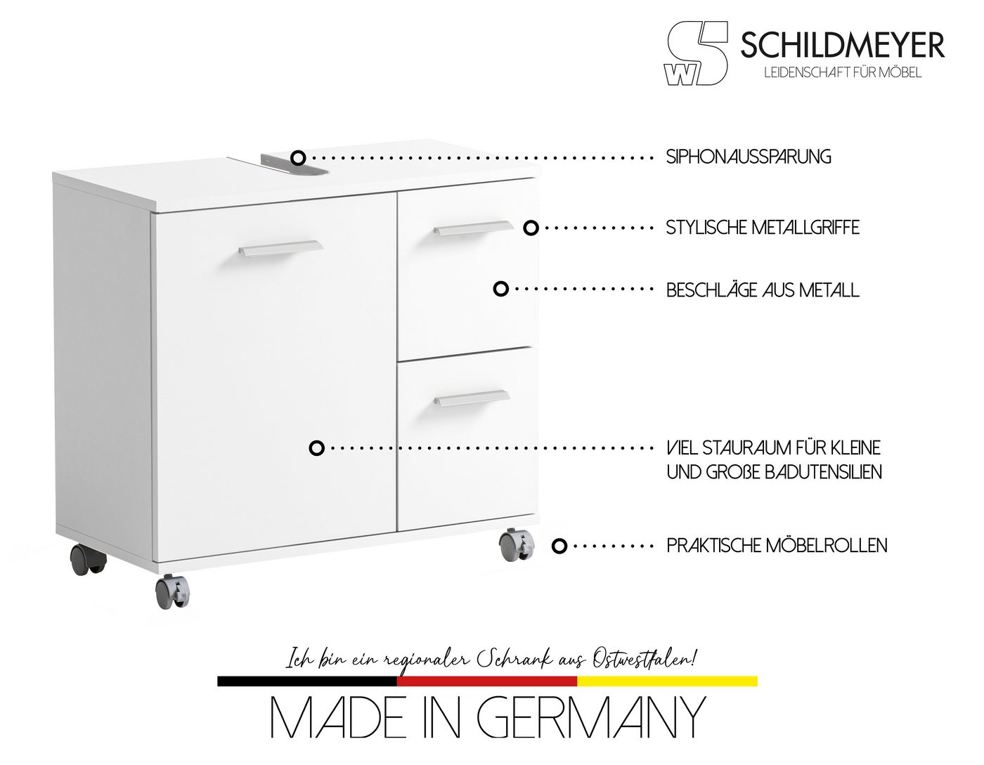 welltime Waschbeckenunterschrank Emmi, Breite 65 cm, Made in Germany auf Rollen, Siphonausschnitt, Metallbeschläge Bild 3