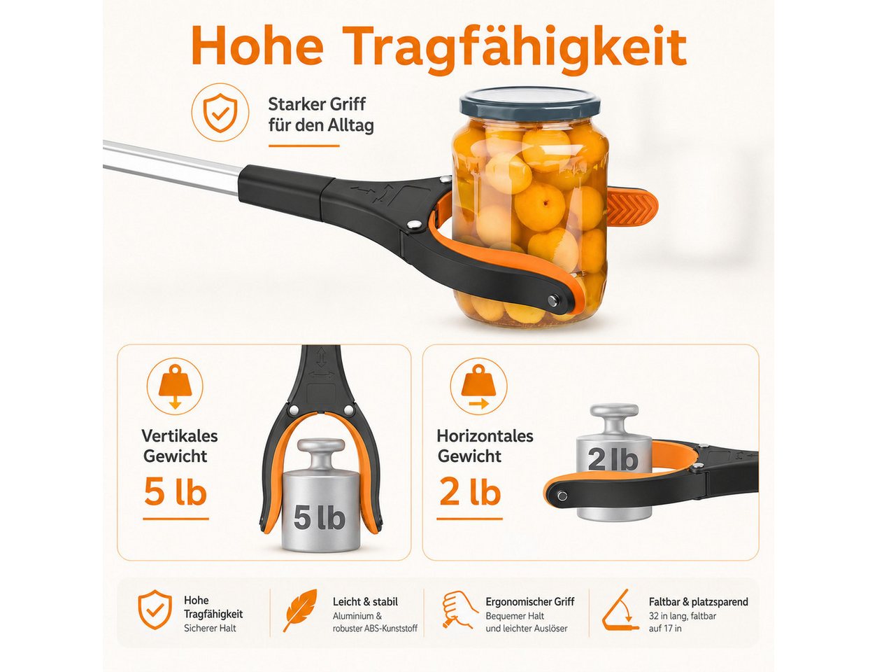 VEKROBOT Greifzange Faltbarer Müllgreifer, verdickter Arm rückenschonend für Schwangere, Set 1-tlg., Greifhilfe ohne Bücken, 2 teiliges faltbares Greifset Greifhilfe und Aufhebetool Bild 3