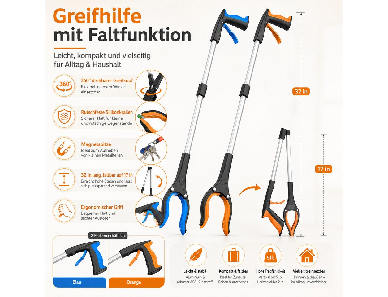 VEKROBOT Greifzange Faltbarer Müllgreifer, verdickter Arm rückenschonend für Schwangere, Set 1-tlg., Greifhilfe ohne Bücken, 2 teiliges faltbares Greifset Greifhilfe und Aufhebetool Bild 5