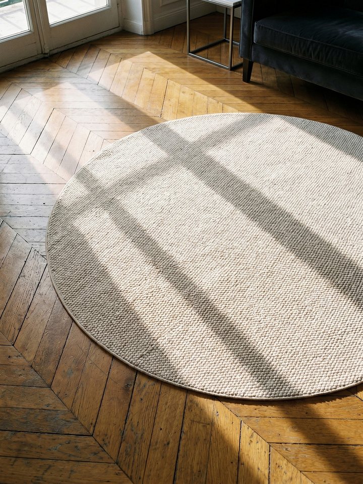 KADIMA DESIGN Teppich Wohnzimmerteppich LANGAU Uni meliert Berber-Tradition Esszimmer, Rund, Höhe: 7 mm, Creme, 80x80 cm, Wohnzimmerteppich Strapazierfähig Waschbar