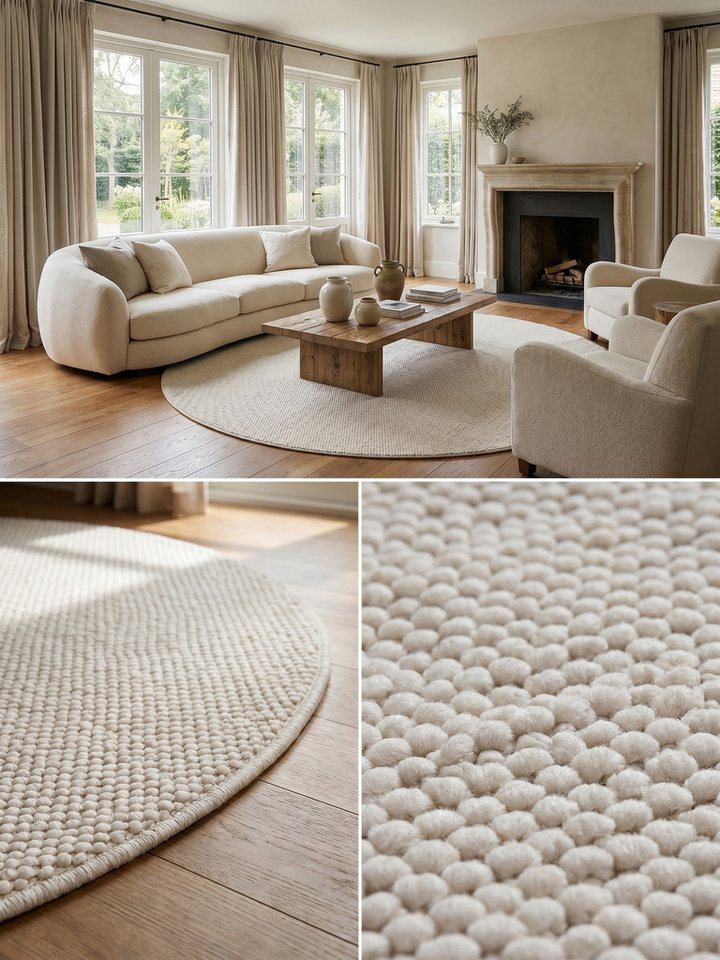 KADIMA DESIGN Teppich Wohnzimmerteppich LANGAU Uni meliert Berber-Tradition Esszimmer, Rund, Höhe: 7 mm, Creme, 80x80 cm, Wohnzimmerteppich Strapazierfähig Waschbar Bild 3