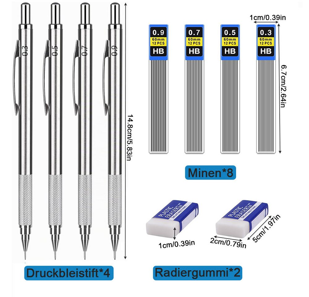 AFKSMILE Druckbleistift Druckbleistift,4Pcs Mechanical Pencil,2 Radiergummi,8 Tuben Mine, (8-tlg), 0,3/0,5/0,7/0.9 mm, Bleistiftmine HB Mienenbleistift,für Skizzieren Bild 2