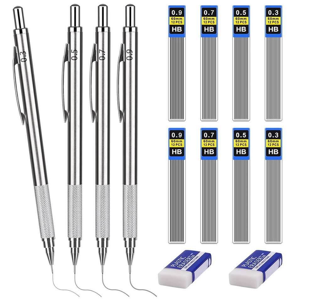 AFKSMILE Druckbleistift Druckbleistift,4Pcs Mechanical Pencil,2 Radiergummi,8 Tuben Mine, (8-tlg), 0,3/0,5/0,7/0.9 mm, Bleistiftmine HB Mienenbleistift,für Skizzieren Bild 3