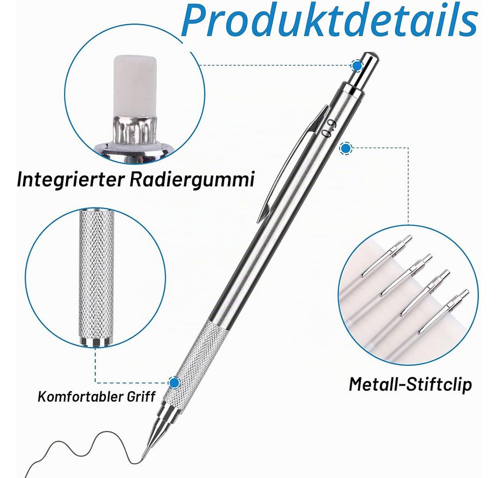 AFKSMILE Druckbleistift Druckbleistift,4Pcs Mechanical Pencil,2 Radiergummi,8 Tuben Mine, (8-tlg), 0,3/0,5/0,7/0.9 mm, Bleistiftmine HB Mienenbleistift,für Skizzieren Bild 4
