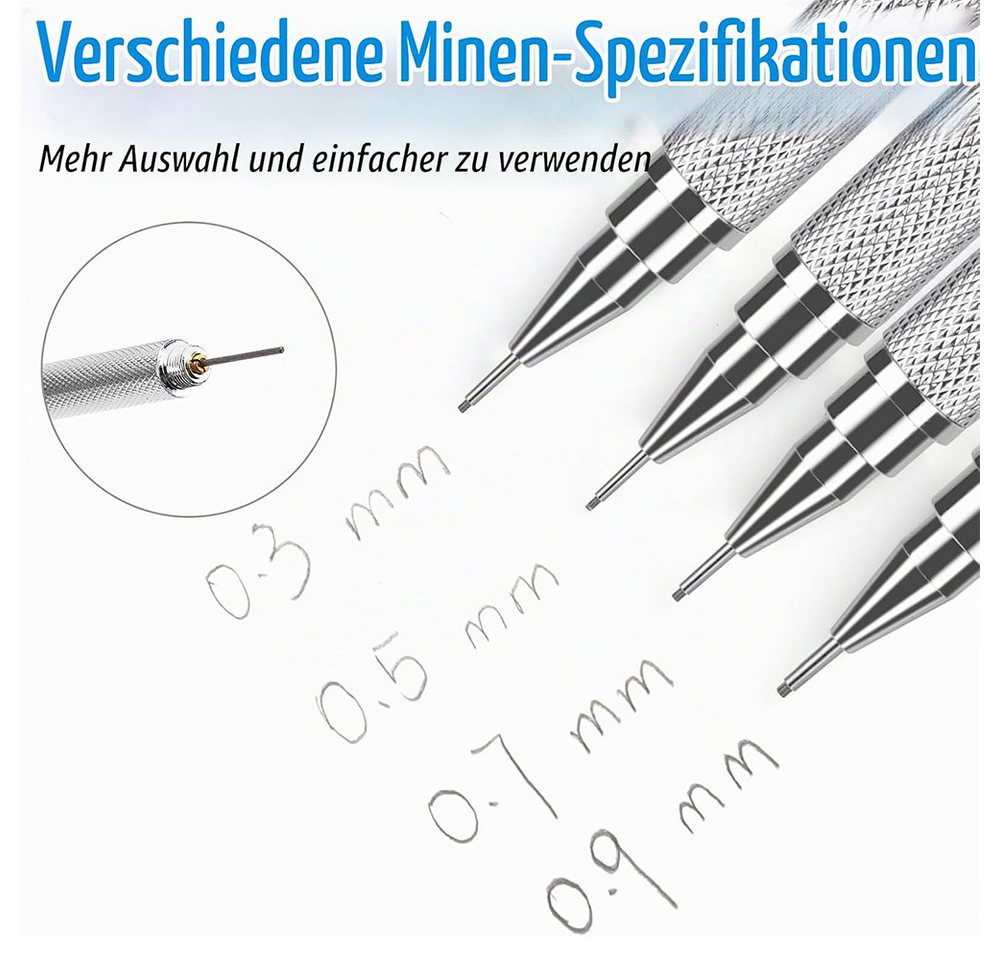 AFKSMILE Druckbleistift Druckbleistift,4Pcs Mechanical Pencil,2 Radiergummi,8 Tuben Mine, (8-tlg), 0,3/0,5/0,7/0.9 mm, Bleistiftmine HB Mienenbleistift,für Skizzieren Bild 5