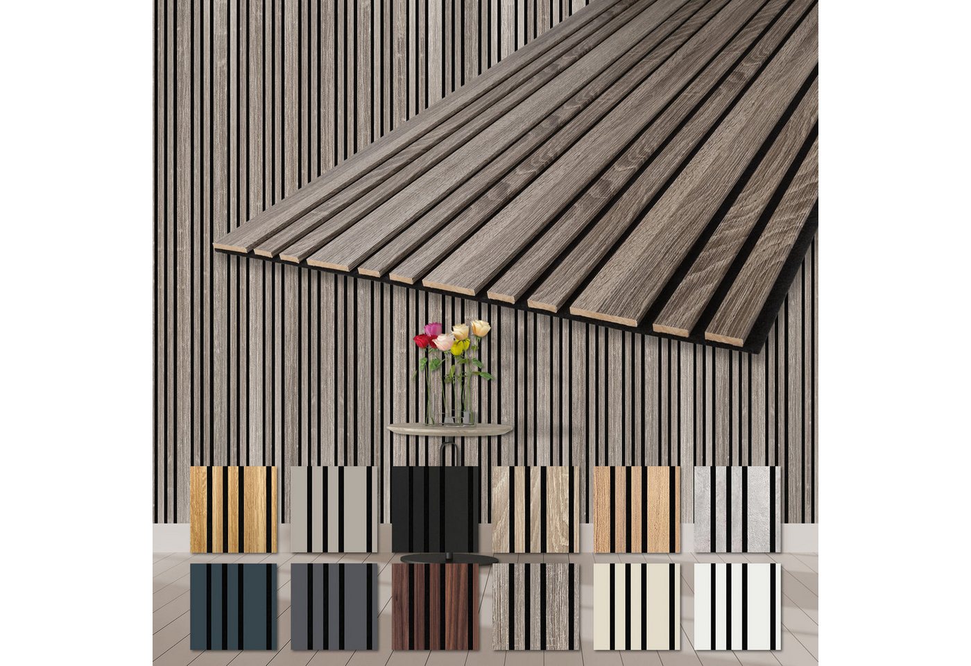 Hexim Wandpaneel, BxL: 60x278 cm, (Akustikpaneele 6 Stück 278x60cm Holz Mila - flexible Holzpaneele Platten Wanddeko Wand Kombipaneel Wandverkleidung Schalldämmung Akustikfilz braun 10.02m² Vintage Oak) Bild 5