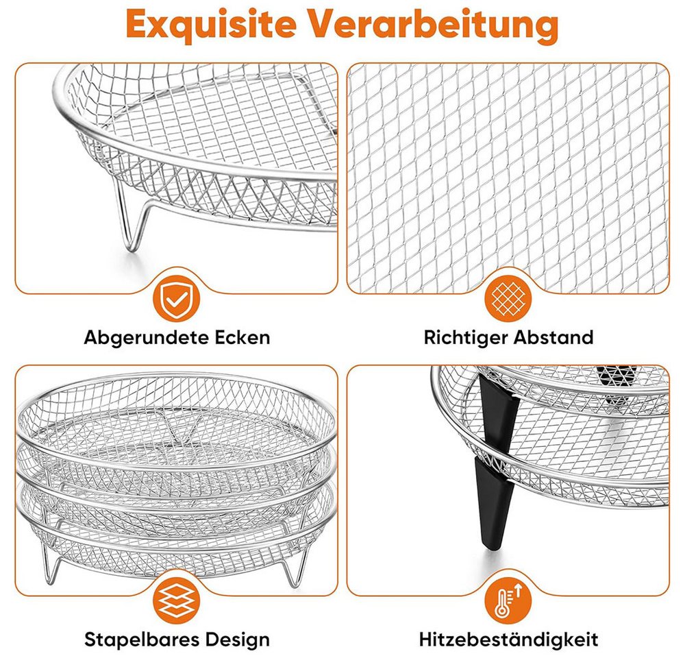AFKSMILE Küchenmaschinen Zubehör-Set 3 Stück Zubehör heißluftfritteuse,airfryer zubehör,airfryer gitter, Edelstahl Frittierkorb,Stapelbar,Spülmaschinenfest mit Silikonfüßen
