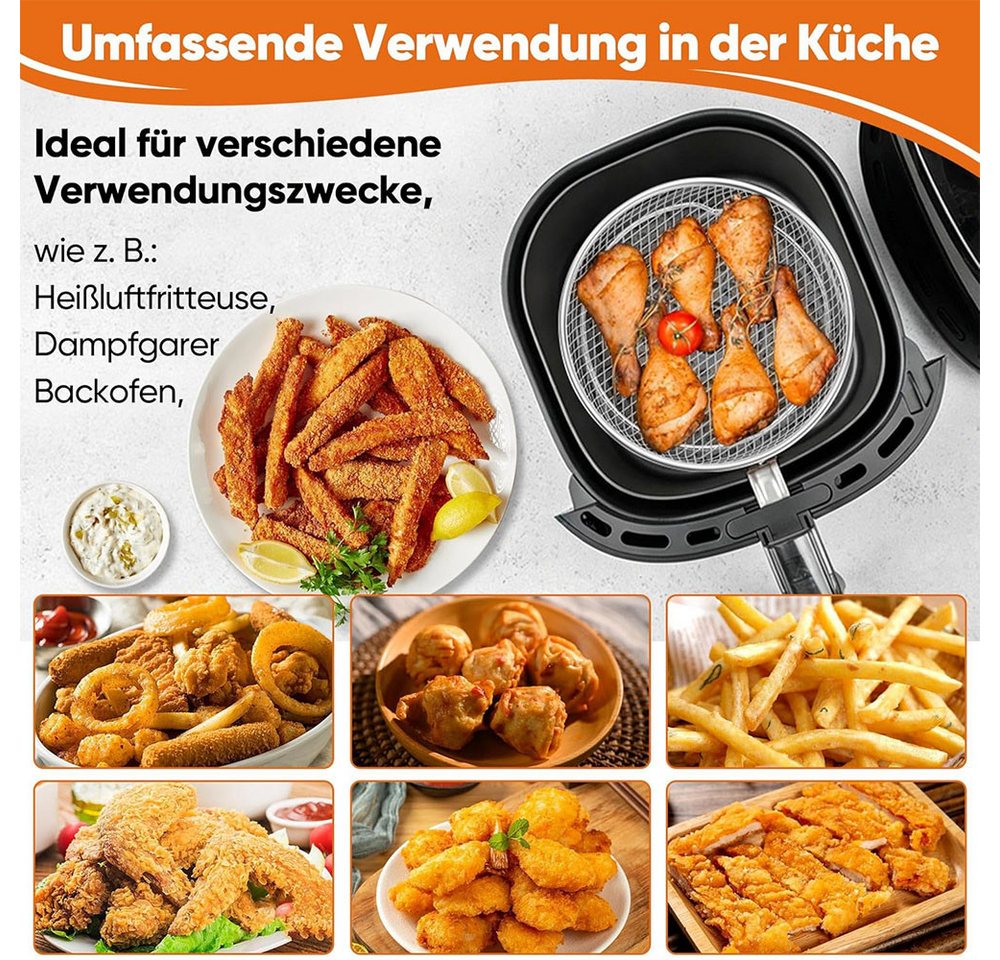 AFKSMILE Küchenmaschinen Zubehör-Set 3 Stück Zubehör heißluftfritteuse,airfryer zubehör,airfryer gitter, Edelstahl Frittierkorb,Stapelbar,Spülmaschinenfest mit Silikonfüßen Bild 2