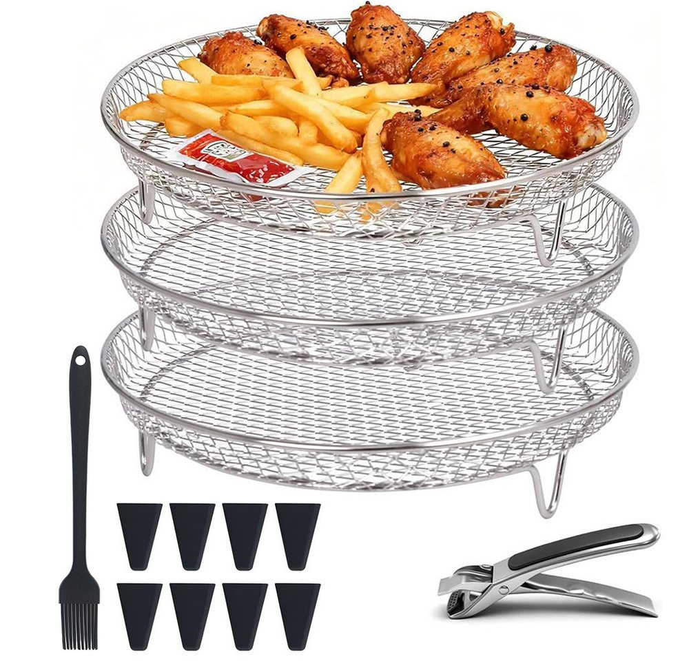 AFKSMILE Küchenmaschinen Zubehör-Set 3 Stück Zubehör heißluftfritteuse,airfryer zubehör,airfryer gitter, Edelstahl Frittierkorb,Stapelbar,Spülmaschinenfest mit Silikonfüßen Bild 3