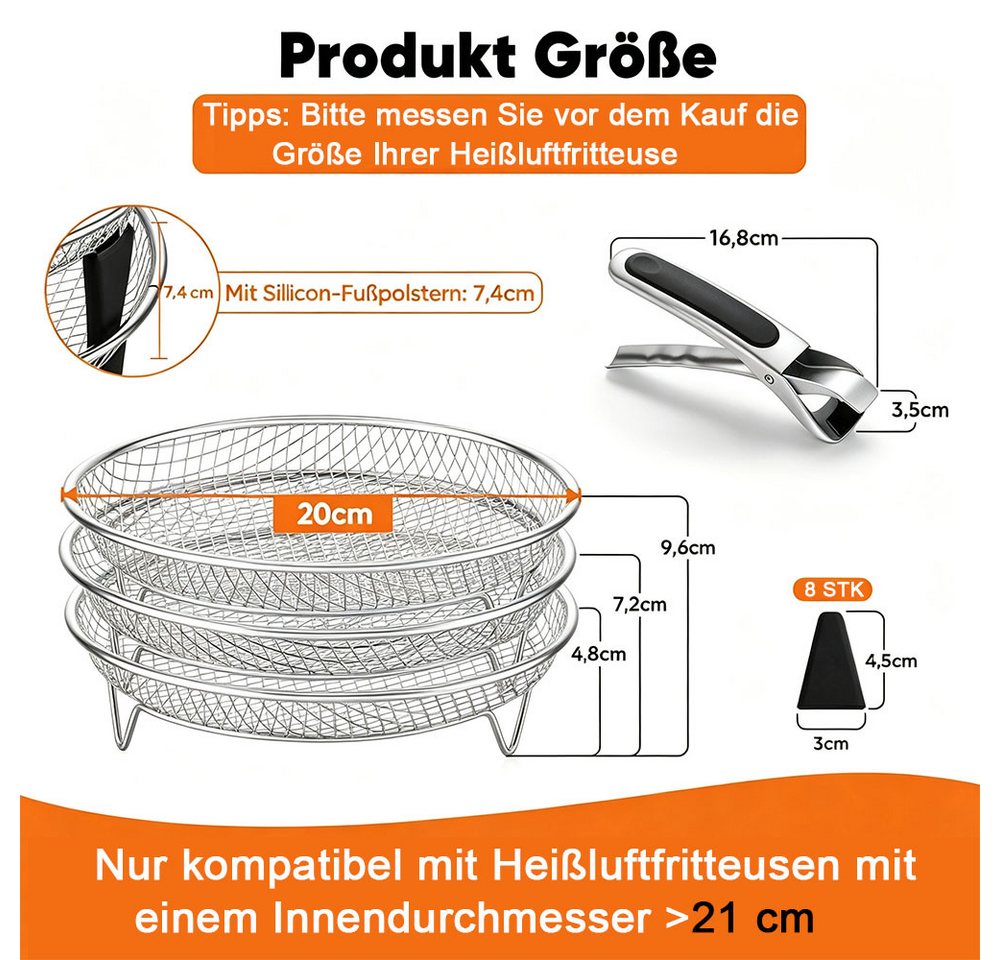 AFKSMILE Küchenmaschinen Zubehör-Set 3 Stück Zubehör heißluftfritteuse,airfryer zubehör,airfryer gitter, Edelstahl Frittierkorb,Stapelbar,Spülmaschinenfest mit Silikonfüßen Bild 5