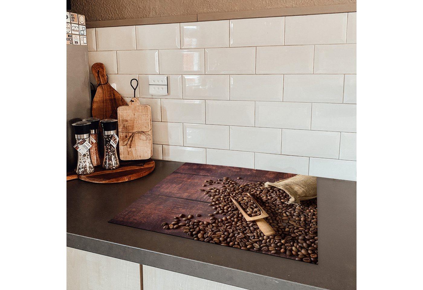 MuchoWow Herd-Abdeckplatte Kaffee - Kaffeebohnen - Braun - Holz, Vinyl, (1 tlg), Abdeckplatte für Ceranfeld, Herd Inductionsmatte, 57.6x51.6 cm