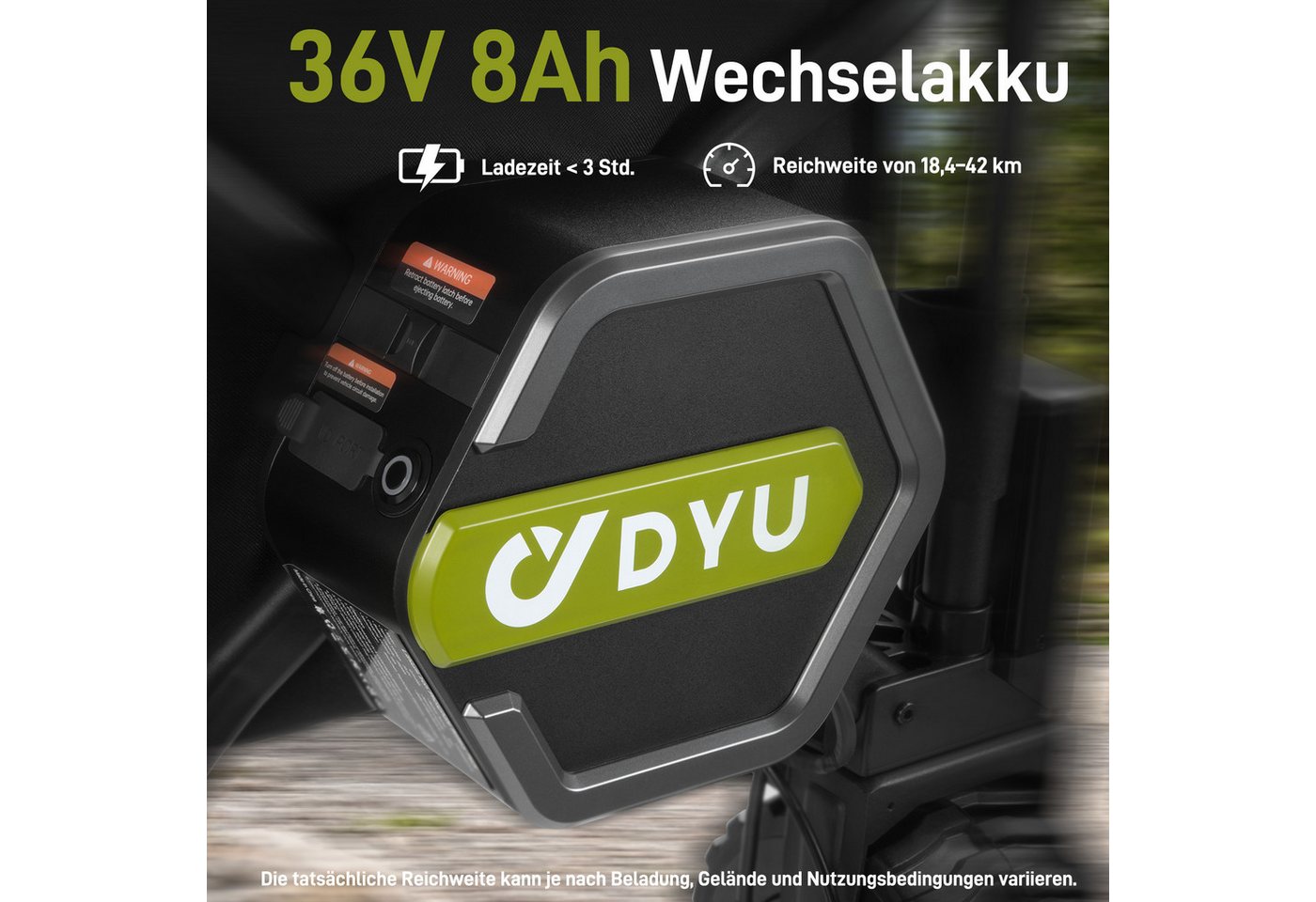 DYU Bollerwagen DYU campX Elektro-Bollerwagen faltbar 150 kg schwarz (Komplettset, Inkl. 36-V-8-Ah-Akku, Ladegerät, Sitzplatte, Bodenplatte und Anleitung), Elektroantrieb, faltbar, Fahr- und Ziehmodus, bis 12 km/h
