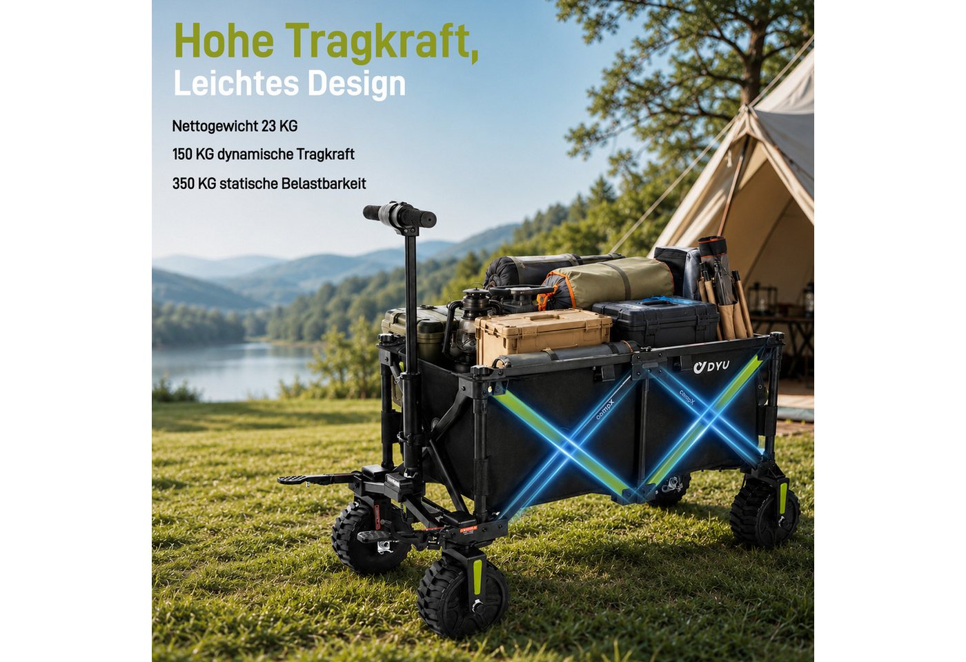 DYU Bollerwagen DYU campX Elektro-Bollerwagen faltbar 150 kg schwarz (Komplettset, Inkl. 36-V-8-Ah-Akku, Ladegerät, Sitzplatte, Bodenplatte und Anleitung), Elektroantrieb, faltbar, Fahr- und Ziehmodus, bis 12 km/h Bild 2