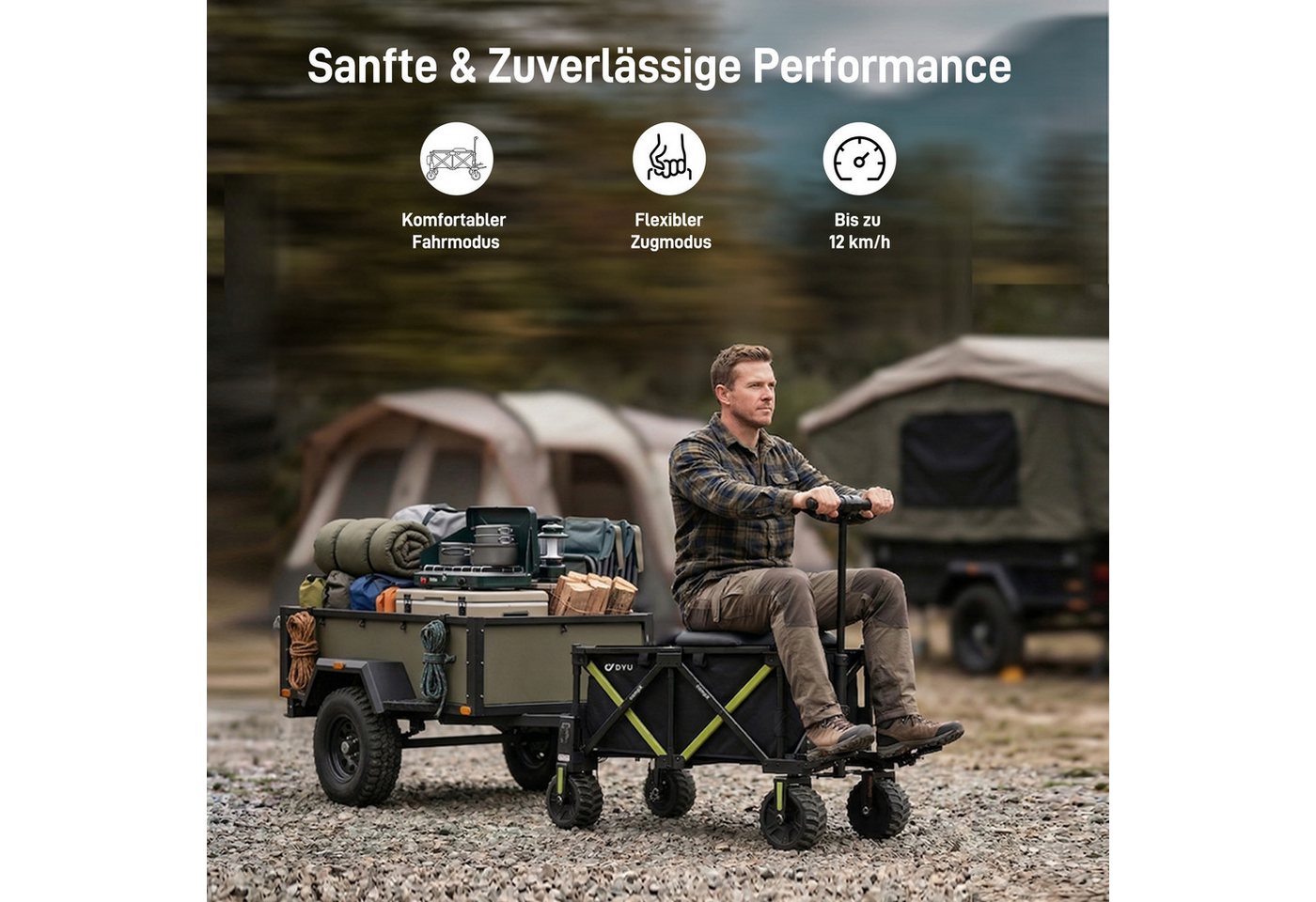 DYU Bollerwagen DYU campX Elektro-Bollerwagen faltbar 150 kg schwarz (Komplettset, Inkl. 36-V-8-Ah-Akku, Ladegerät, Sitzplatte, Bodenplatte und Anleitung), Elektroantrieb, faltbar, Fahr- und Ziehmodus, bis 12 km/h Bild 4