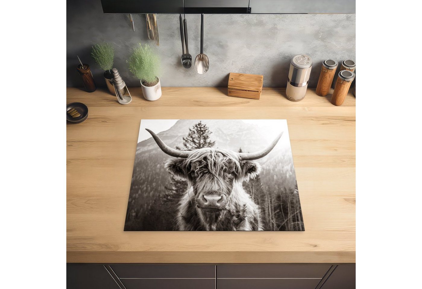 MuchoWow Herd-Abdeckplatte Schottischer Highlander - Tiere - Schwarz - Weiß, Vinyl, (1 tlg), Küche Herdabdeckplatte Ceranfeld Vinyl Einteilig, 59x52 cm Bild 4