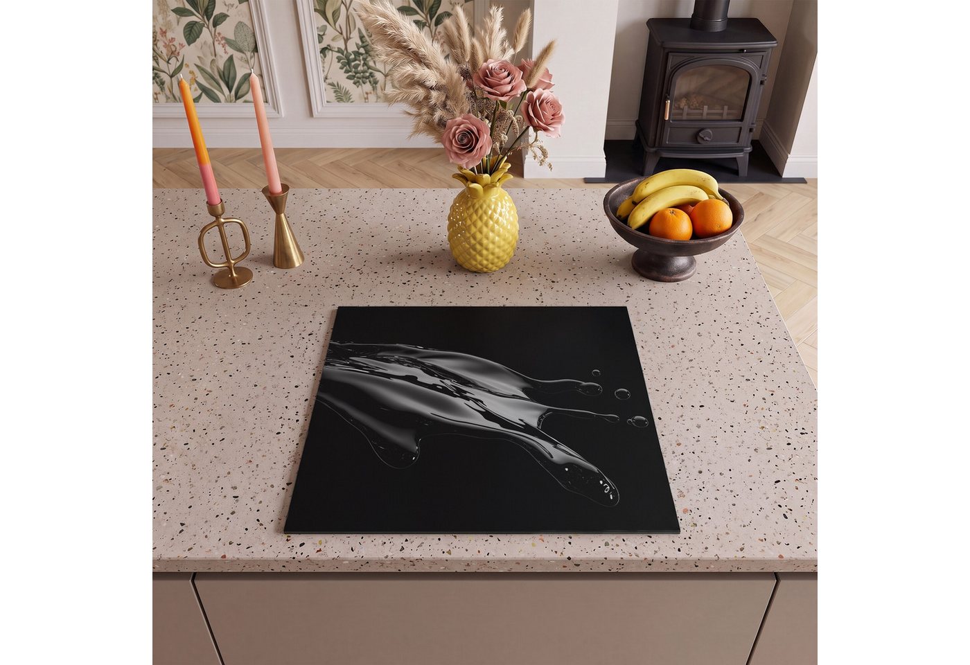 MuchoWow Herd-Abdeckplatte Schwarz - Spritzwasser - Wasser, Vinyl, (1 tlg), Küche Herdabdeckplatte Ceranfeld Vinyl Einteilig, 59x52 cm Bild 5