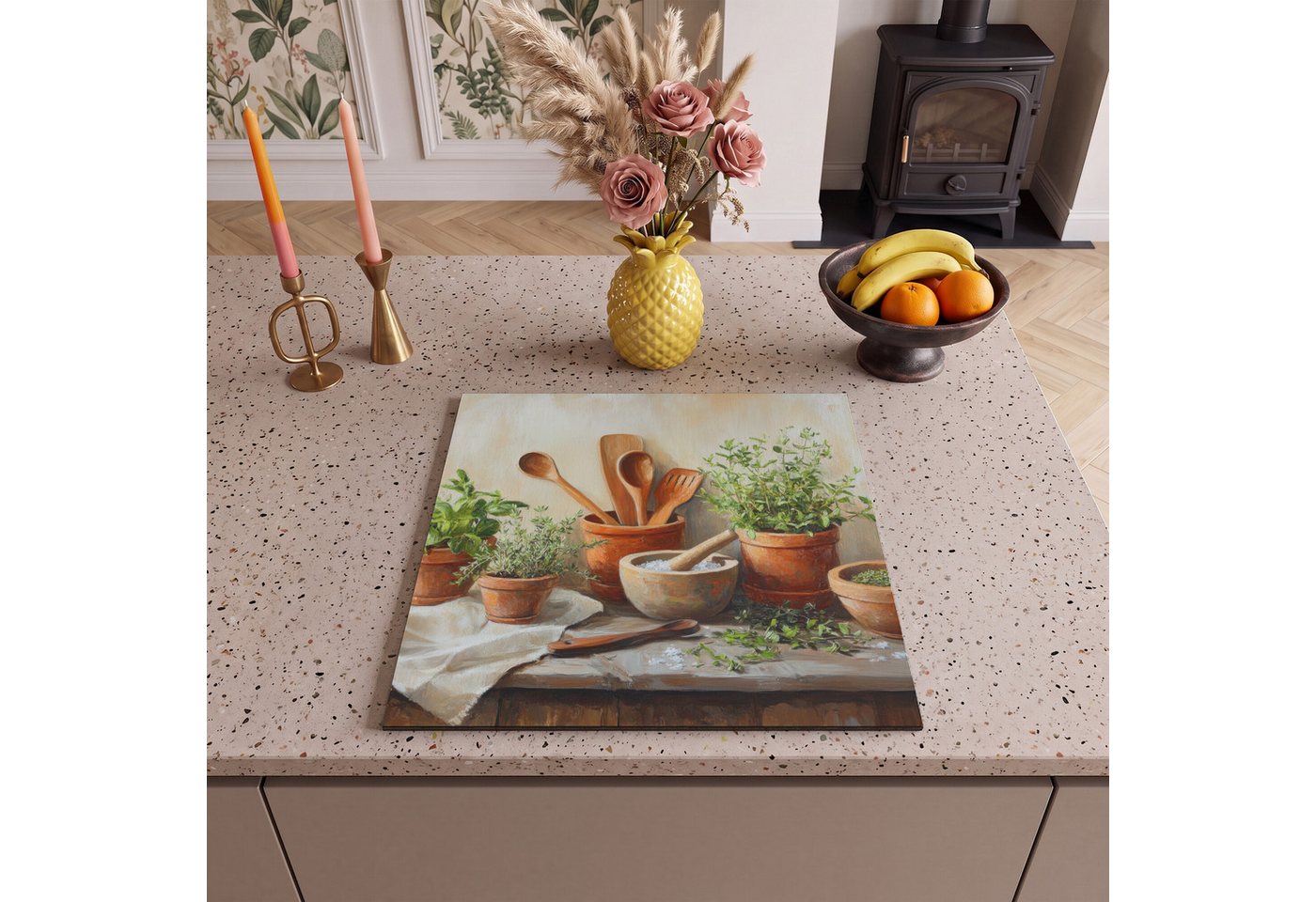 MuchoWow Herd-Abdeckplatte Töpfe - Kräuter - Holz, Vinyl, (1 tlg), Cerankochfeld Abdeckung, Herd Abdeckplatten Vinyl, 58x59 cm