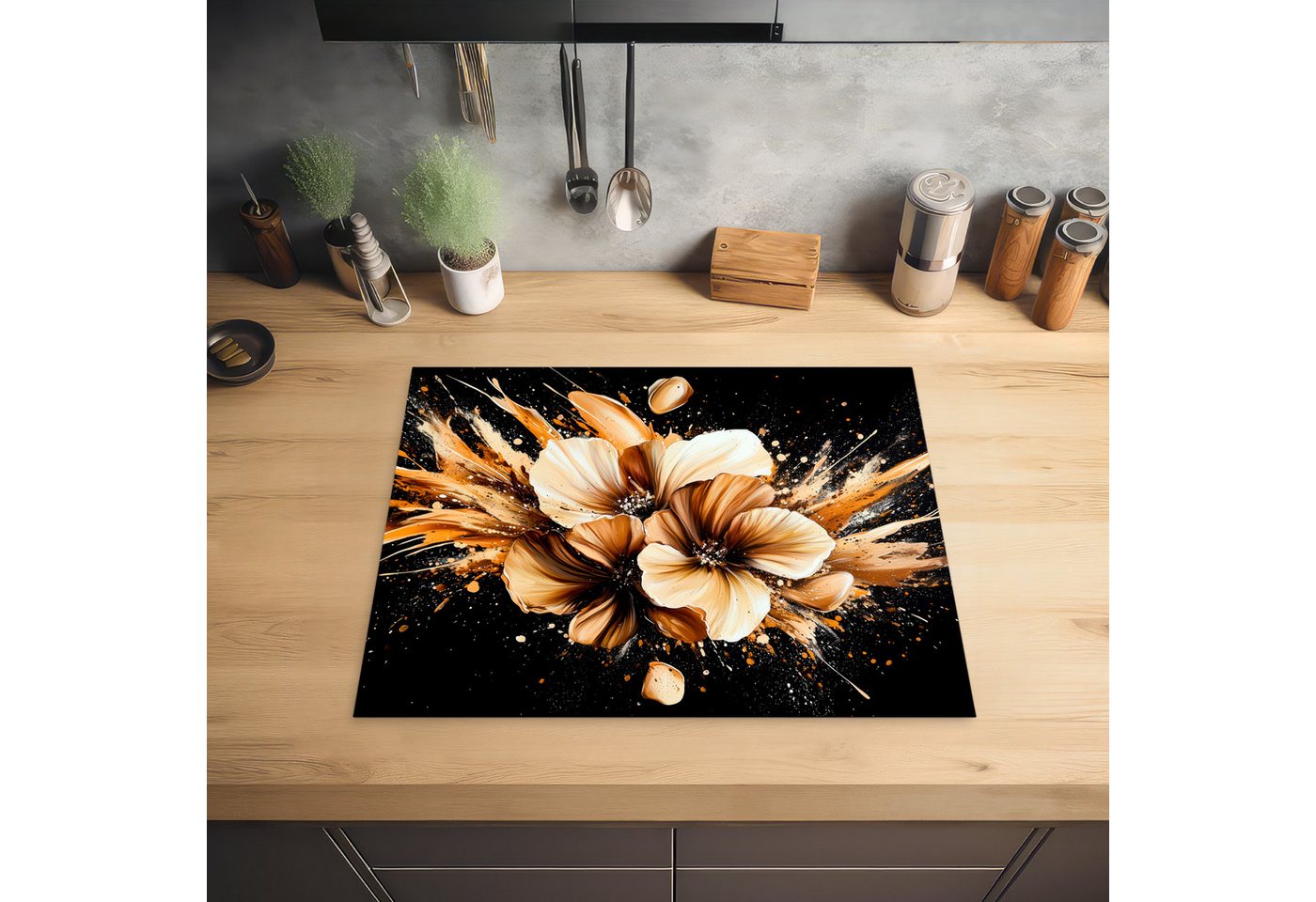 MuchoWow Herd-Abdeckplatte Blumen - Gold - Graffiti - Schwarz - Abstrakt, Vinyl, (1 tlg), Herdabdeckplatten für Ceranfeld, Induktionsschutz, 65x55 cm