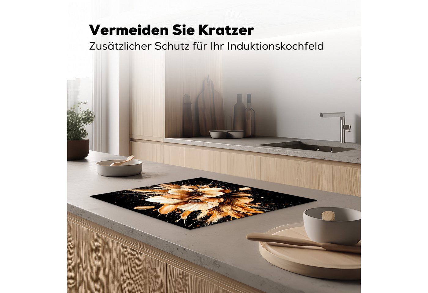 MuchoWow Herd-Abdeckplatte Blumen - Gold - Graffiti - Schwarz - Abstrakt, Vinyl, (1 tlg), Herdabdeckplatten für Ceranfeld, Induktionsschutz, 65x55 cm Bild 3