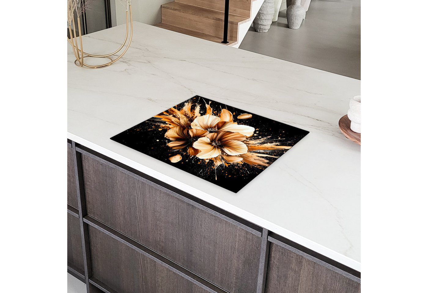 MuchoWow Herd-Abdeckplatte Blumen - Gold - Graffiti - Schwarz - Abstrakt, Vinyl, (1 tlg), Herdabdeckplatten für Ceranfeld, Induktionsschutz, 65x55 cm Bild 4