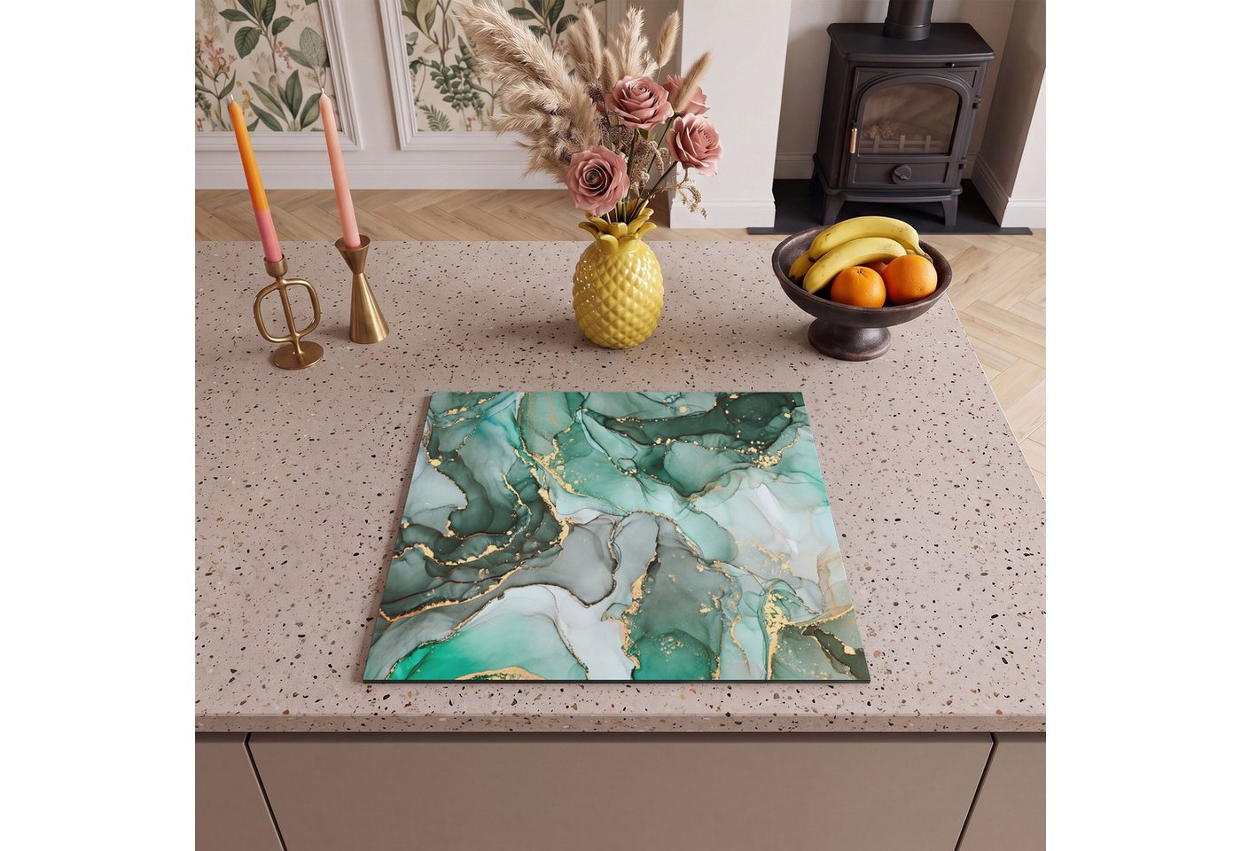 MuchoWow Herd-Abdeckplatte Gold - Marmor - Grün - Luxus - Marmoroptik/print - Grau, Vinyl, (1 tlg), Abdeckplatte für Ceranfeld, Herd Inductionsmatte, 60x50 cm Bild 3