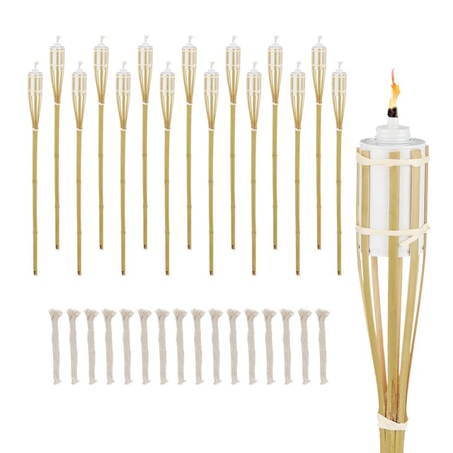 Relaxdays - Gartenfackel, 16er Set, Bambus, H: 90 Cm, Ölfackeln Für Draußen, Mit Ersatzdochten, Gartenparty Deko, Natur