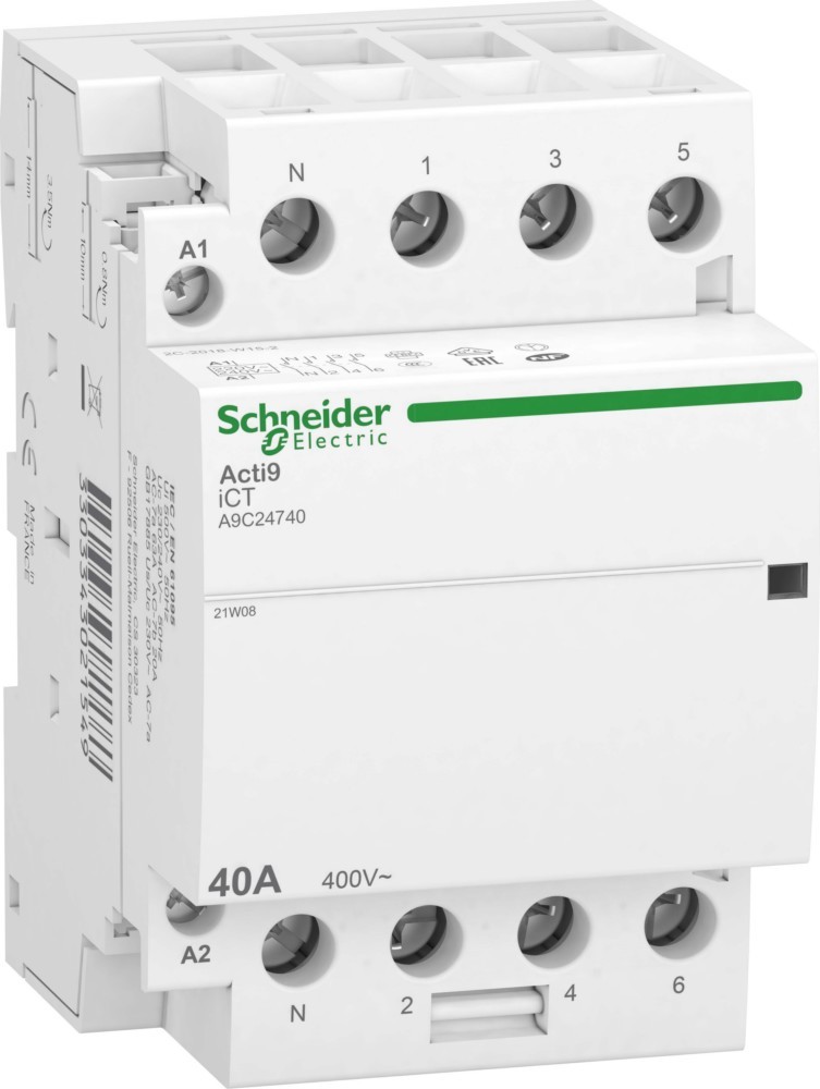 Schneider Electric Installationsschütz Ict, 40a, 3p+n, 4-schließer Kontakte, 220/240v 50hz A9c24740