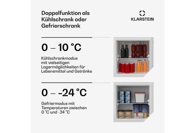Klarstein - Irene Mini-gefrierschrank, 31l Kühl-/gefrierkombination Mit Temperaturregelung -24 °c Bis 10 °c, Energieeffizient, Leise 38 Db Für Schlafzimmer & Kleine Räume, Kompaktes Design