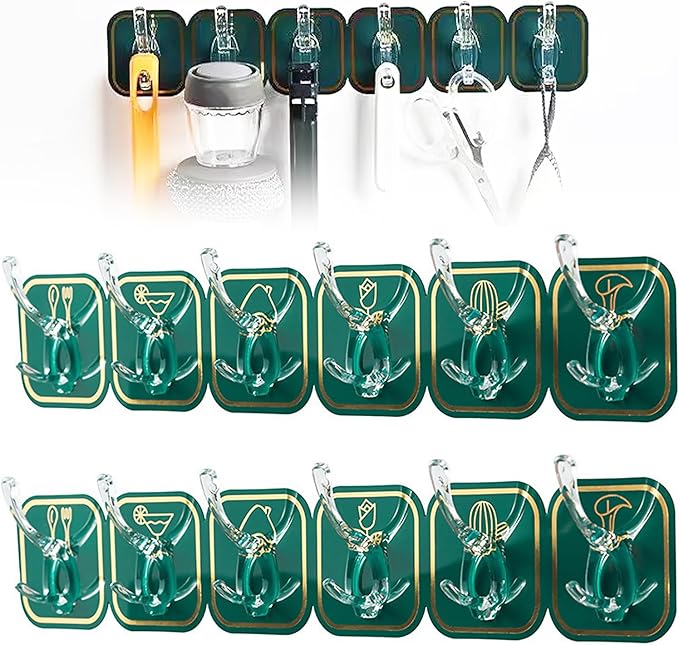 12 Stück Selbstklebende Wandhaken, 2 Set Haken 6 Selbstklebend, Mehrzweckhaken, Wandbefestigung Ohne Bohren, Beschädigungsfreies Aufhängen, Für Badezimmer, Küche, Wand, Tür (grün) - Lntyq