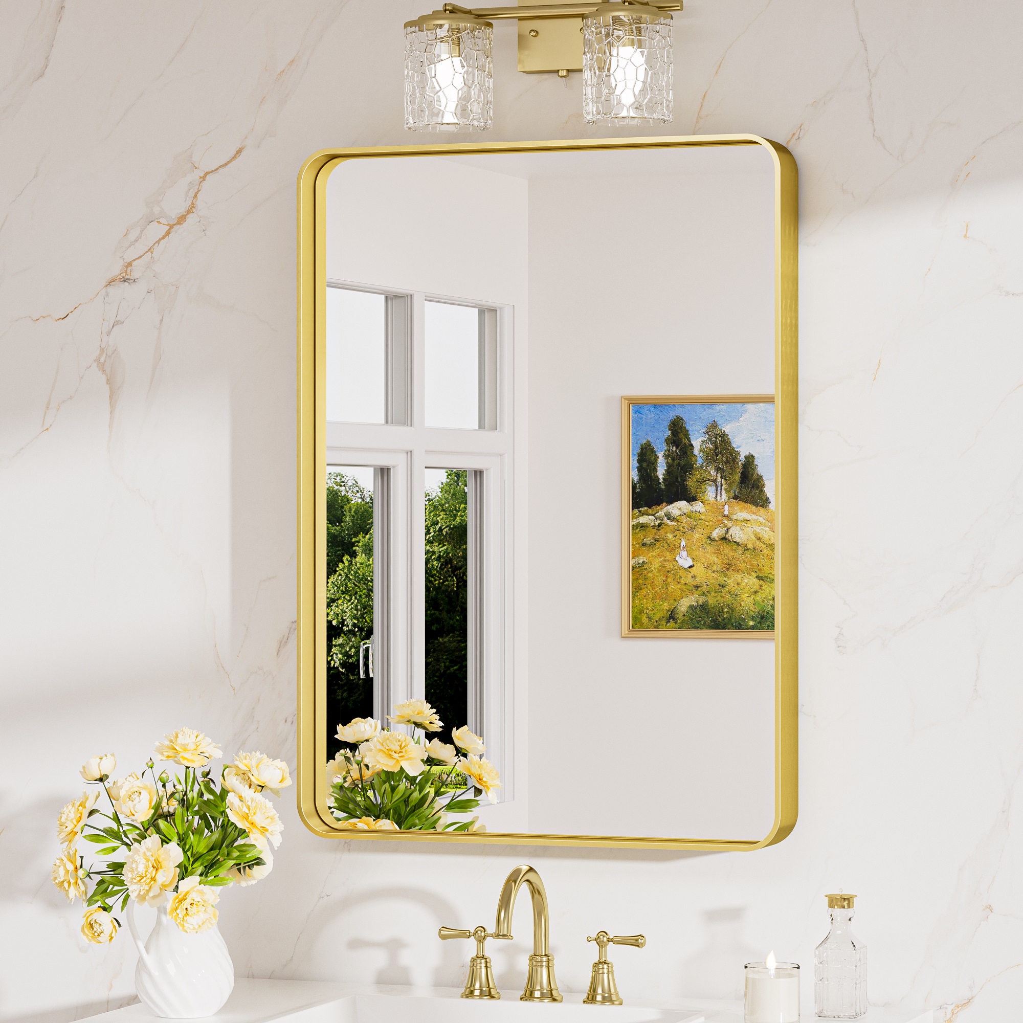 Keonjinn Badspiegel Mit Alurahmen 50x76cm, Rechteckiger Wandspiegel Mit Abgerundeten Ecken, Gehärtetes Hd-glas, Klare Reflexion, Modernes Design, Gold, Für Badezimmer & Flur