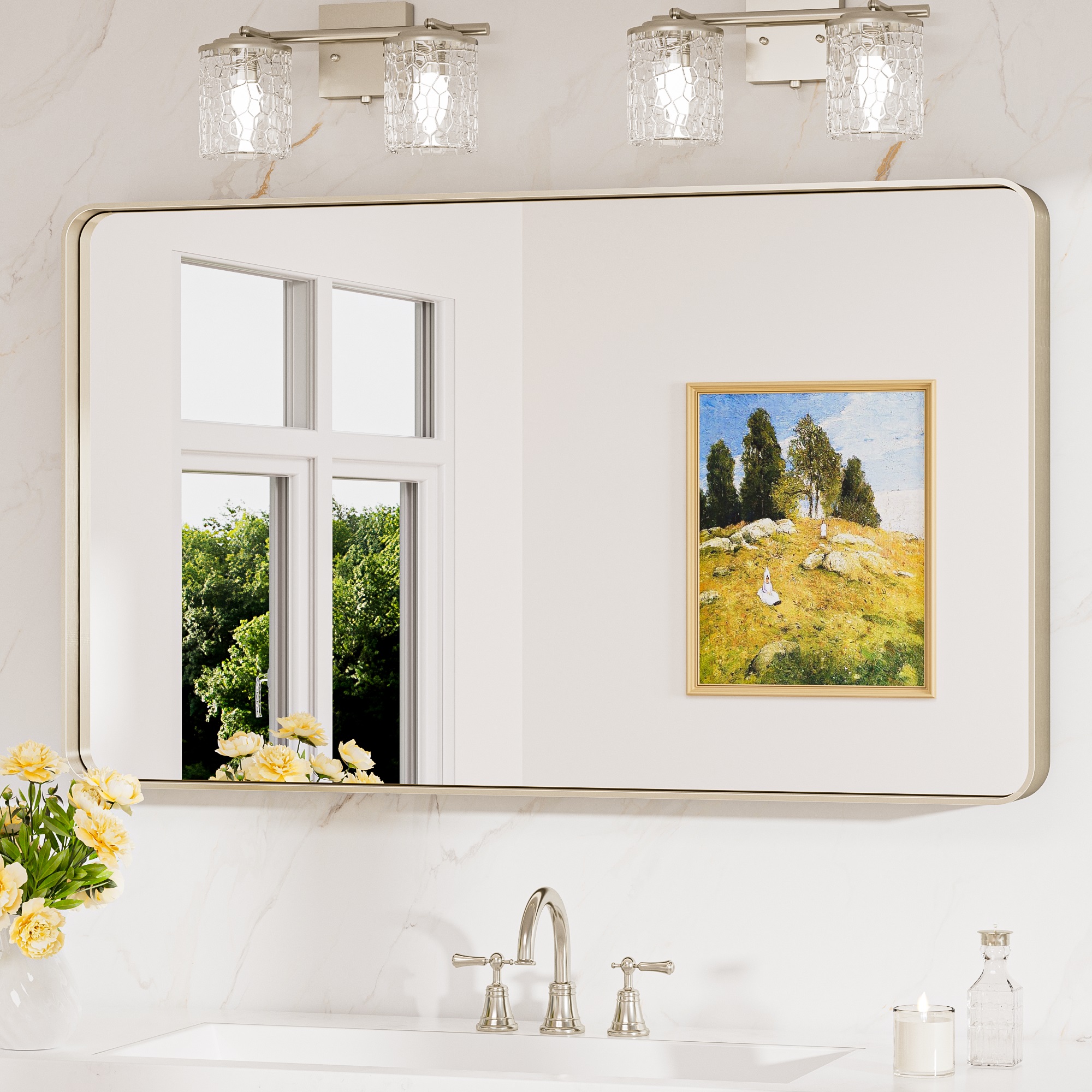 Keonjinn Badspiegel Mit Alurahmen 100x60cm, Rechteckiger Wandspiegel Mit Abgerundeten Ecken, Gehärtetes Hd-glas, Klare Reflexion, Modernes Design, Nickelfarbe, Für Badezimmer & Flur