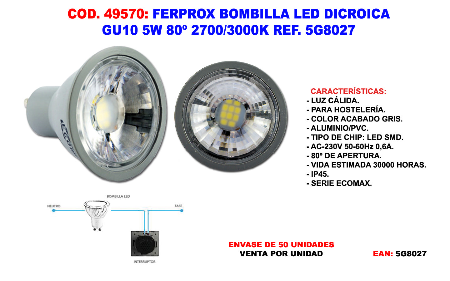 Ferprox Dichroitische Led-lampe Gu10 5w 80° 2700k/3000k