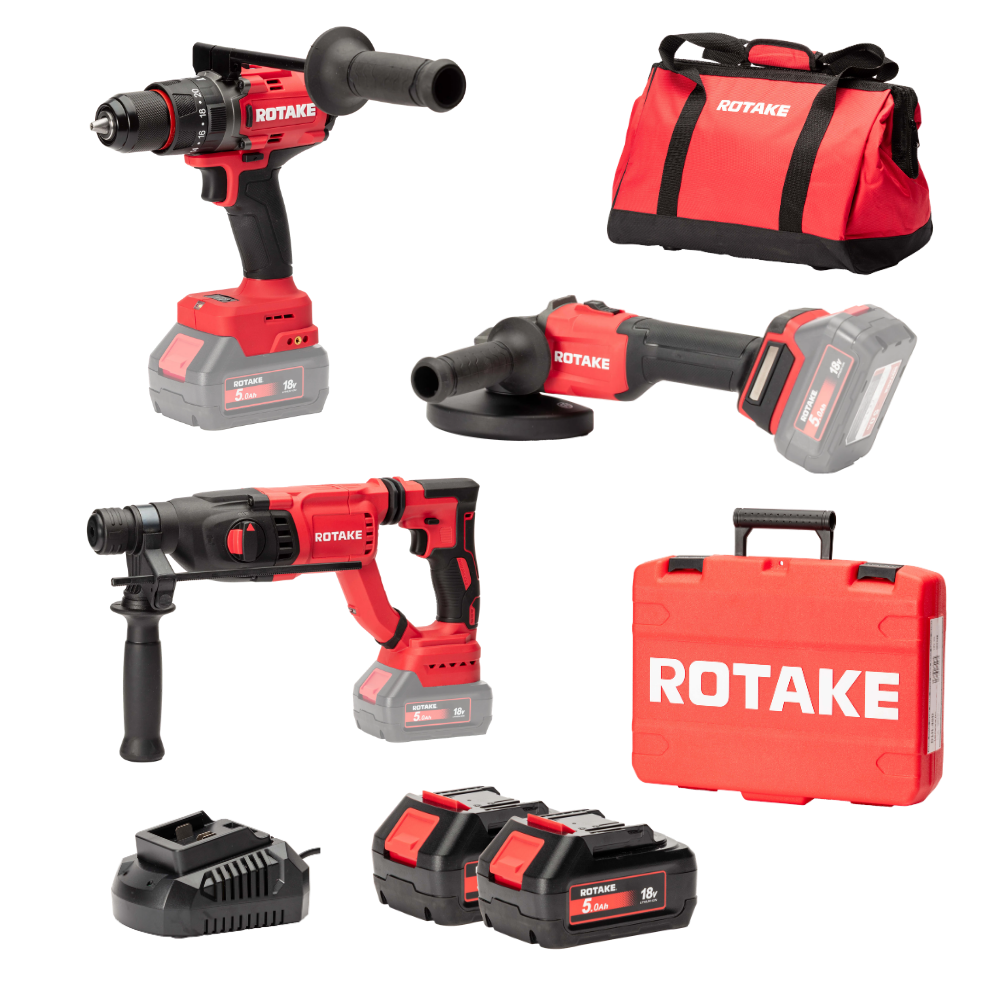 Set Mit 3 Rotake 18v Geräten - Schlagbohrschrauber D2h-50d + Winkelschleifer G1-125 + Bohrhammer 8902 + 2 Akkus 18v 5ah - Rotake Mit 1 Tragetasche - Lot05