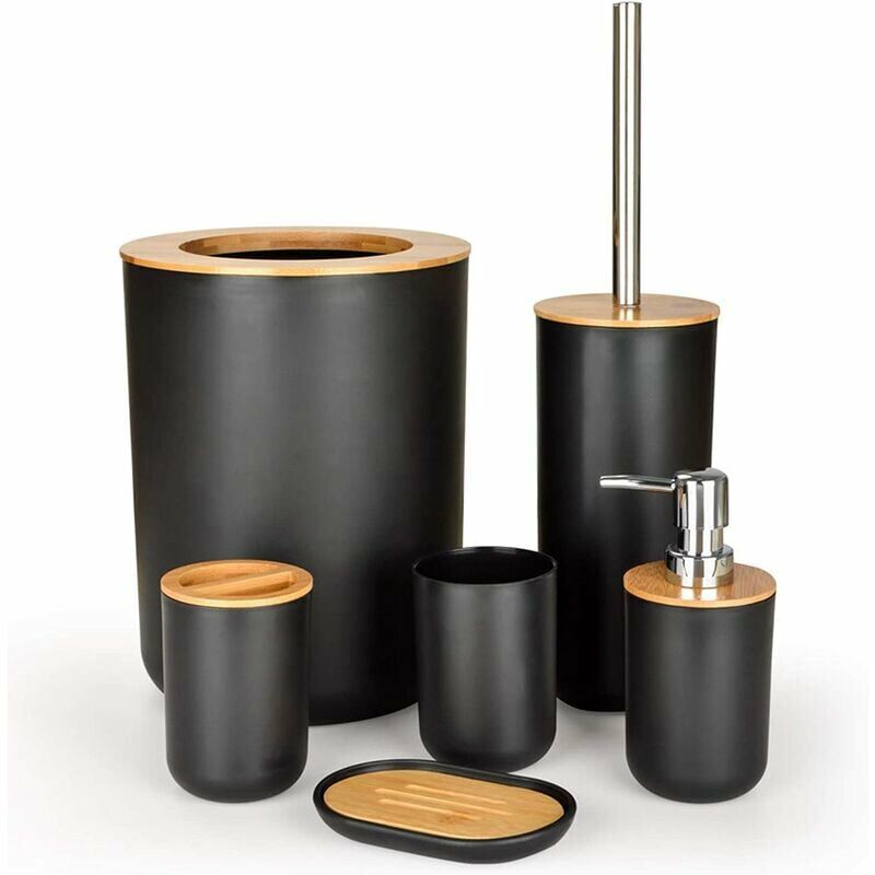 Amxcnoy 6-teiliges Badezimmer-accessoire-set Aus Bambus, Bestehend Aus Lotionflaschen, Zahnbürstenhalter, Zahnbürstenbecher, Seifenschale, Wc-bürste Und Abfalleimer – D