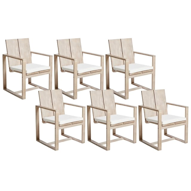 Gartenstühle 6er Set Hellbraun Aus Akazienholz Mit Sitzkissen Cremeweiß Armlehnen Rustikaler Mediterraner Stil Outdoor Gartenmöbel