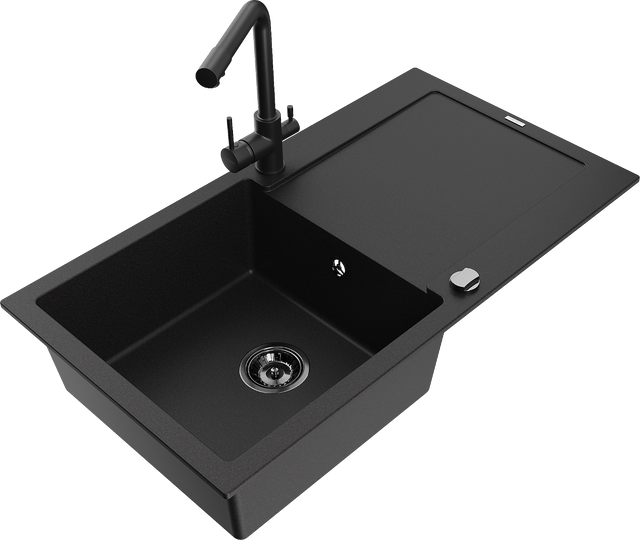 Leo 1 Becken-granitspüle Mit Abtropffläche Und Mischbatterie Duero, Schwarz - 6501-77-671600-7 - Mexen