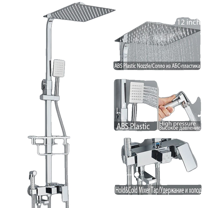 Duscharmatur-set, 4-fach Verstellbar, Modernes Design, Chrom, 4-wege, 12 Zoll